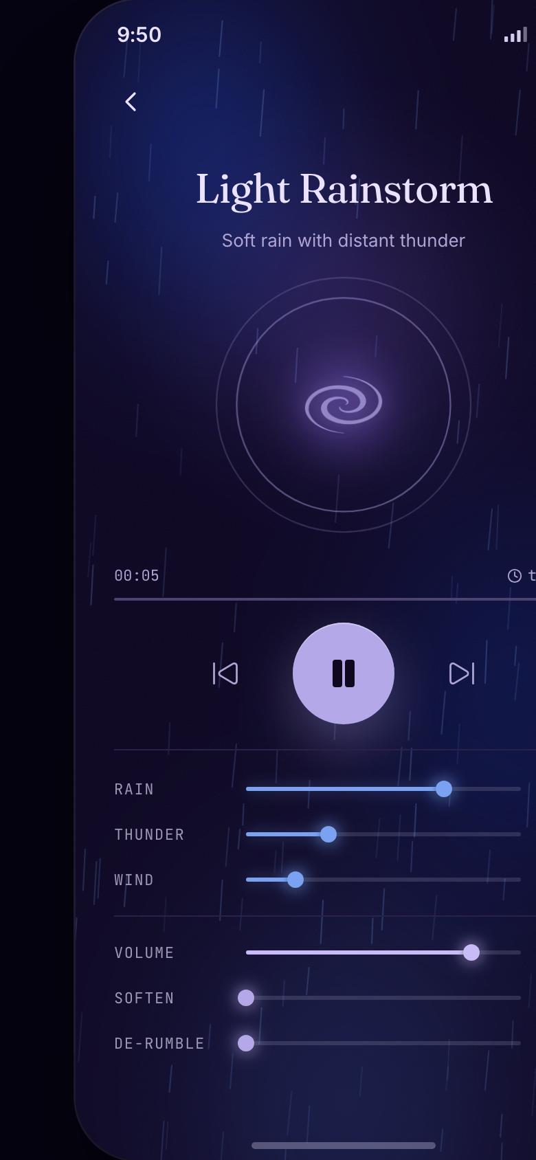 The rebuilt 2026 Light Rainstorm player: generated rain, a breathing spiral mark, and glowing per-layer faders (Rain, Thunder, Wind) above volume and tone controls.